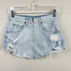 Carmar Zip Front Denim Mini Skirt Women's 27 Ripped Light Wash Cotton Jean